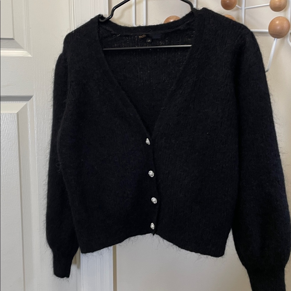 Maje - Wool Mohair Blend Puffer Sleeve Cardigan Sweater Black 2
